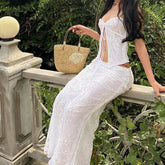 90s Vintage Chic Women Strapless Camis Y2K Fairy Cottage 2 Piece Set Floral Lace Front Tie Up Crop Tops + Long Skirt Streetwear
